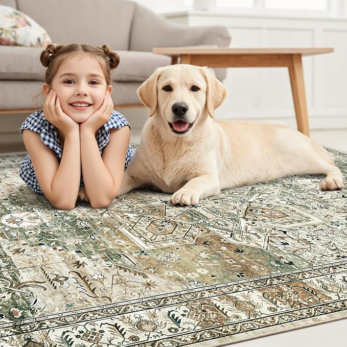 Soalmost Washable Area Rug 8x10 Large Soft Rugs for Living Room Olive Beige | Farmhouse Vintage Carpet Non-Slip for Dining Bedroom, Stain Resistant Low Pile Foldable Thin Floor Mat Under Table Home Decor