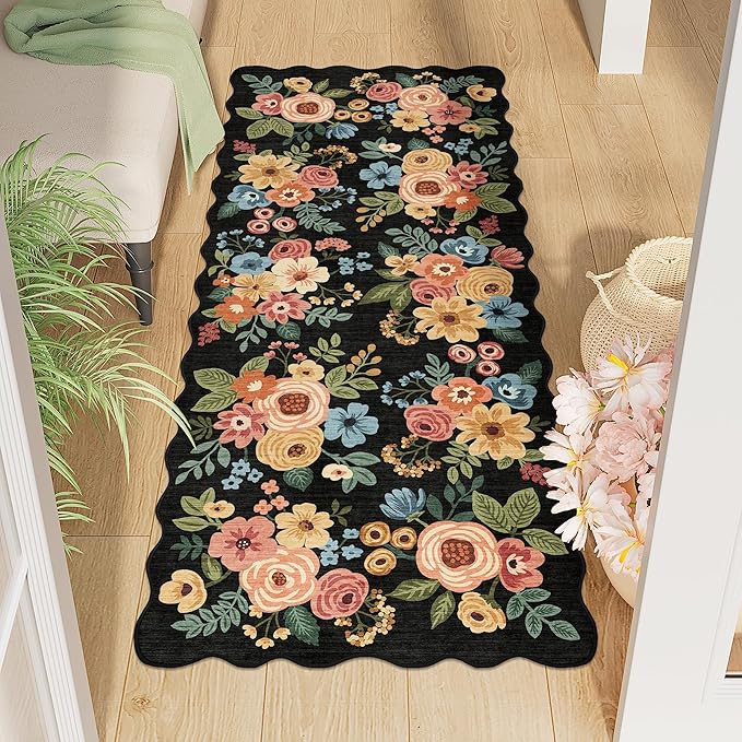 DUKINO 2x5 Washable Runner Rug, Floral Non Slip Rug for Kitchen, Black | Soft, Low Pile, Non-Shedding Throw Rug Runner for Hallway, Entryway, Bedroom, Bathroom, Pet Friendly, Home Decor, Lightweight