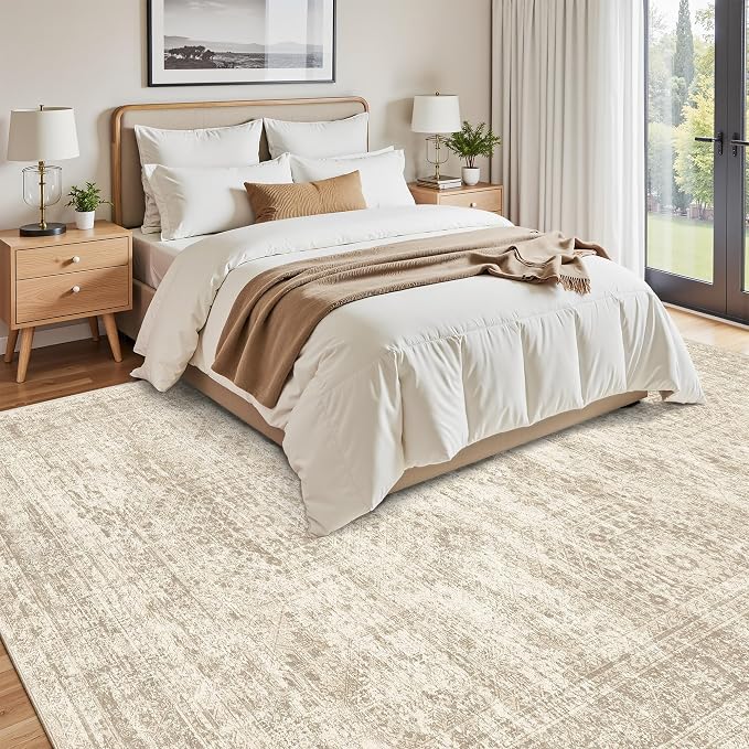 Soalmost 9x12 Area Rugs for Living Room Washable Rug Non-Slip Beige | Large Vintage Stain Resistant Carpet for Dining Bedroom, Low Pile Lightweight Foldable Floor Mat Nursery Home Office Decor