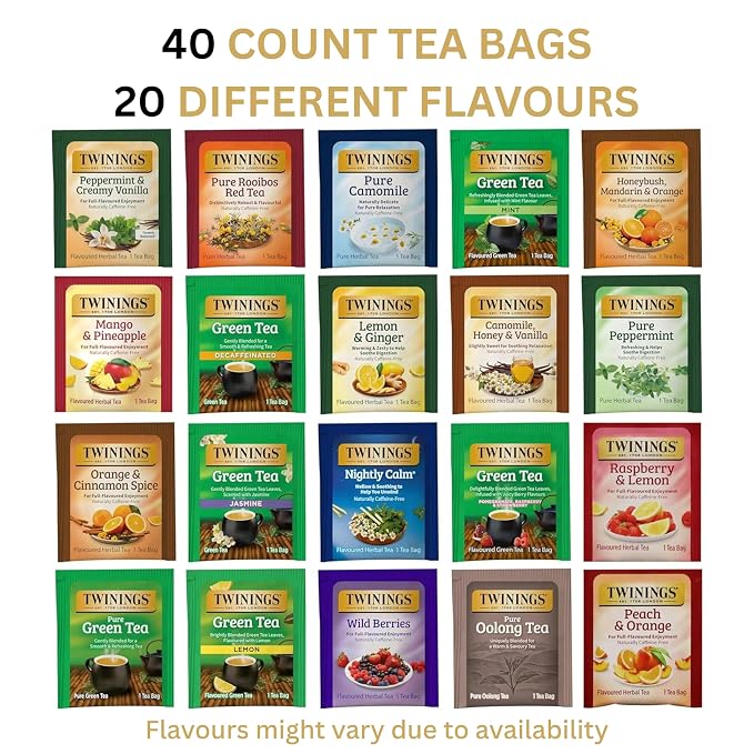 Twinings Herbal and Green Tea Bag Sampler, Assortment Variety Pack (40 Count) 20 Different Flavours for Tea Lovers: Her, Him, Women, Men, Couples, Family, Friends, Coworkers