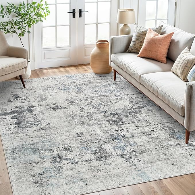 Soalmost Abstract Rug 5x7 Washable Area Rugs for Living Room, Gray/Blue | Vintage Non-Slip Indoor Accent for Bedroom Dining, Foldable Stain Resistant Floor Carpet Mat Under Table Home Office Decor