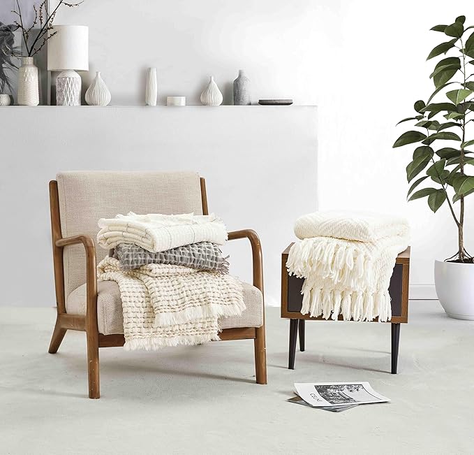 CREVENT 50"X60" Farmhouse Breathable Soft Chenille Knitted Textured Throw Blanket for Couch Chair Bed, Boho Home Decor for Living Room (Ivory)