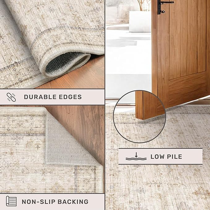 3x6 Wide Area Rugs for Hallways Non Slip, Machine Washable Rug for Kitchen Floor, Entryway, Soft Low Pile Neutral Sand Beige Décor, Geometric Floral Pattern Stain Resistant Carpet