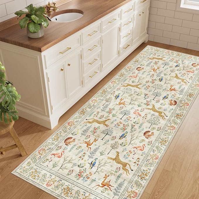 DUKINO 3x6 Kitchen Runner Rug, Washable Animal Rug for Hallway, Beige | Non Slip, Low Pile, Soft Indoor Carpet for Entryway, Bedroom, Bathroom, Laundry, Lightweight, Pet Friendly, Stain Resistant