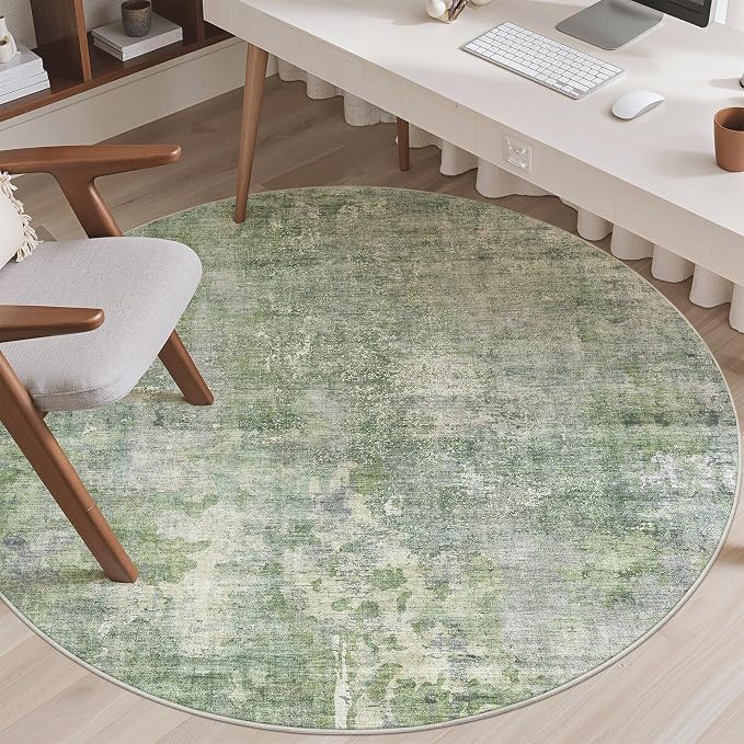 Soalmost Abstract 6x6 Round Rug 6ft Circle Living Room Rugs, Green/Ivory | Washable Vintage Indoor Carpet for Dining Bedroom, Low Pile Stain Resistant Foldable Floor Mat Entryway Home Office Decor