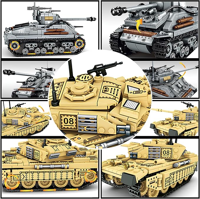 2 Tank Building Blocks, M4 Sherman and Challenger Military Battle Model Kits,Tank Toy Gifts for Boys or Men Collectors
