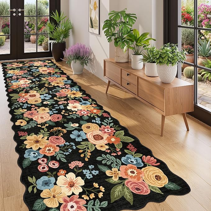 DUKINO 3x10 Runner Rug, Non Slip Floral Washable Rug for Hallway, Black | Low Pile, Soft, Stain Resistant Throw Carpet Runner for Kitchen, Entryway, Bedroom, Bathroom, Lightweight, Modern Home Decor