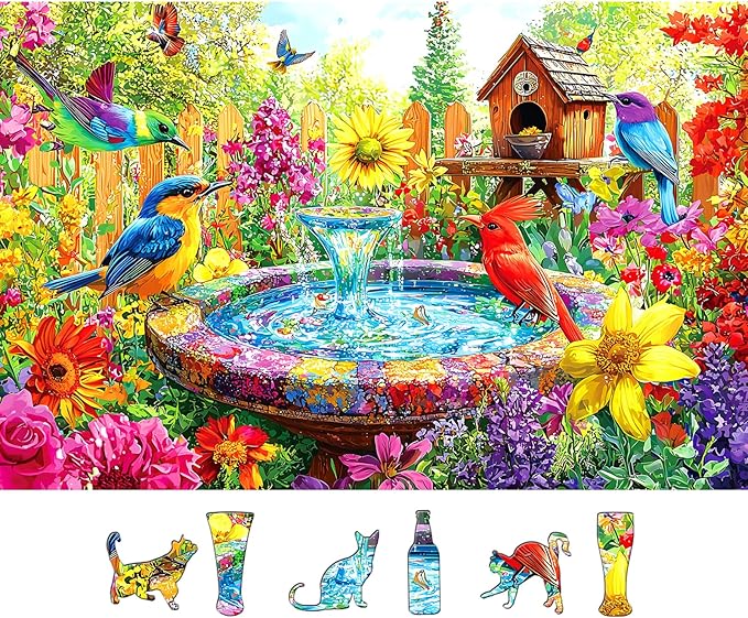 Garden Birds 500 Piece Puzzles for Adults: Vibrant Spring Flower Birdbath Jigsaw Puzzles 500 Pieces, 23x15 Inch 500 Piece Puzzle Adult, Puzzles for Seniors & Adults Entertainment