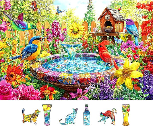 Garden Birds 500 Piece Puzzles for Adults: Vibrant Spring Flower Birdbath Jigsaw Puzzles 500 Pieces, 23x15 Inch 500 Piece Puzzle Adult, Puzzles for Seniors & Adults Entertainment