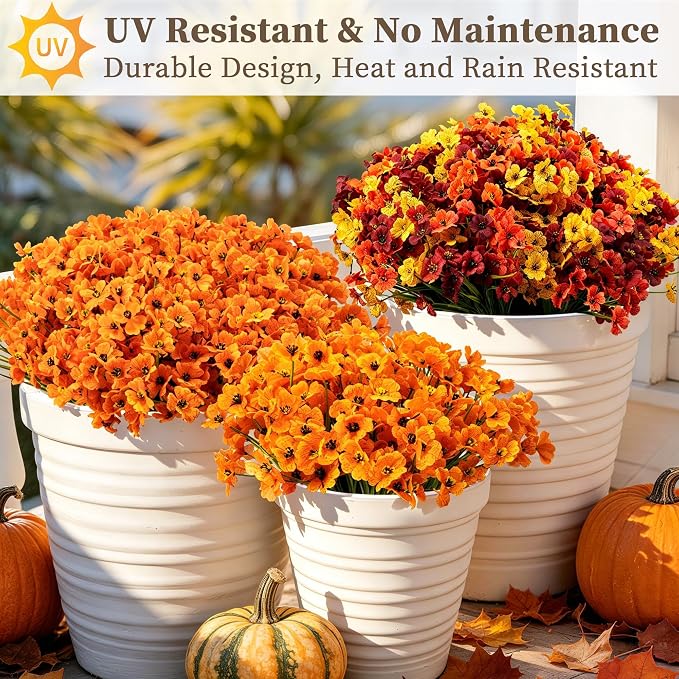 ColoPlay Artificial Mums for Outdoors, 24 Bundles Fake Flowers Fall Decor | Fake Fall Flowers Faux Mums for Outdoor Planters, UV Resistant Artificial Plants for Home Garden Porch Farmhouse(Orange)