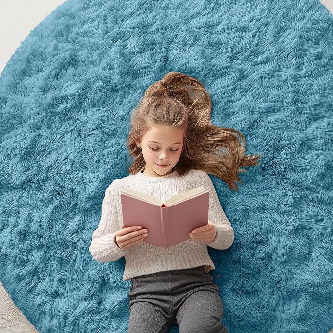 OLANLY Slate Blue Round Rugs for Bedroom - Machine Washable, 5 ft Circle Area Rugs for Living Room, Soft and Fluffy Shaggy Carpet for Teen Girl and Boys, Nursery Rooms, Dorms, Home Decor Aesthetic