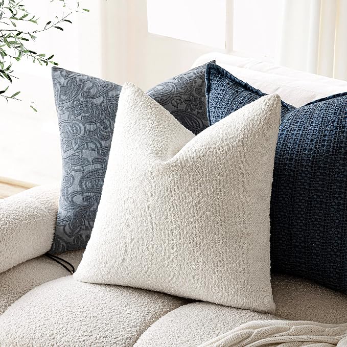 Foindtower Pack of 2 Textured Boucle Throw Pillow Covers Accent Solid Pillow Cases Cozy Soft Decorative Couch Cushion Case for Chair Sofa Bedroom Living Room Home Decor, 18 x 18 Inch,White