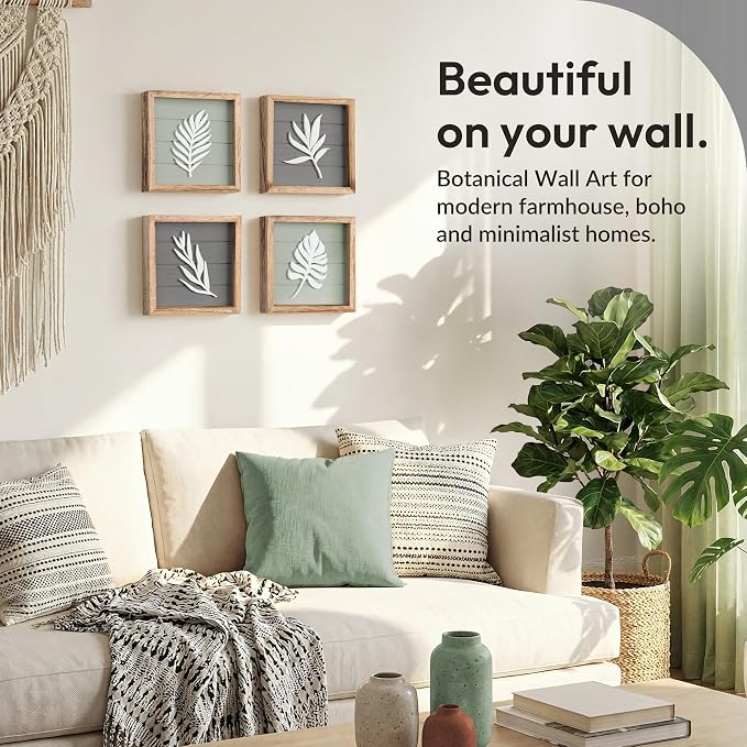 Tide and Tales 3d Framed Wall Art, Set of 4, Farmhouse Wall Decor | 7" x 7", Lightweight Wood, Bathroom Wall Decor, Botanical Leaf Pictures for Bedroom, Office or Living Room, Hardware Included