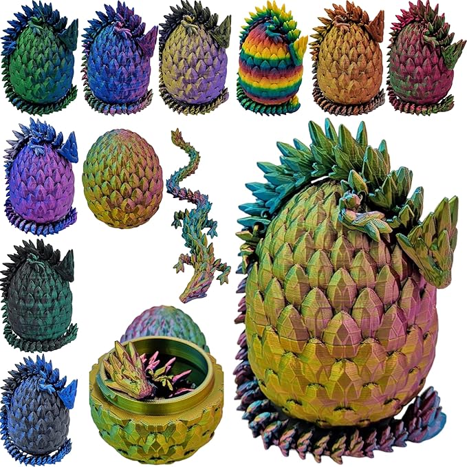 Surprise Dragon Egg Articulating Gemstone Dragon Fidget Figurine - 3D Printed Dragons Flexible ADHD, Autism, Relief Anxiety - Articulated Joints (Red Yellow Green)