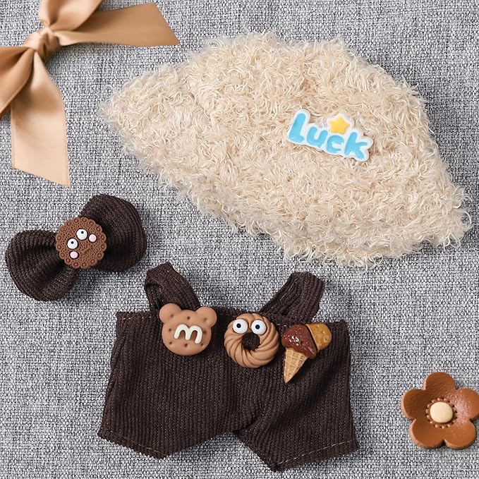 17cm Doll Clothes Set 3Pcs - Chocolate Donut Overalls, Hat & Bow, Brown Cute Outfit for 6-7inches Dolls (NO Doll) Sweet Style Dress Up Accessories