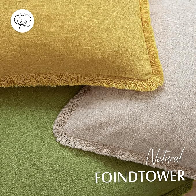 Foindtower Set of 2 Decorative Linen Fringe Lumbar Throw Pillow Covers Boho Farmhouse Cushion Cover with Tassels Soft Accent Pillowcase for Couch Sofa Living Room Home Decor,12×20 Inch,Ginger Yellow