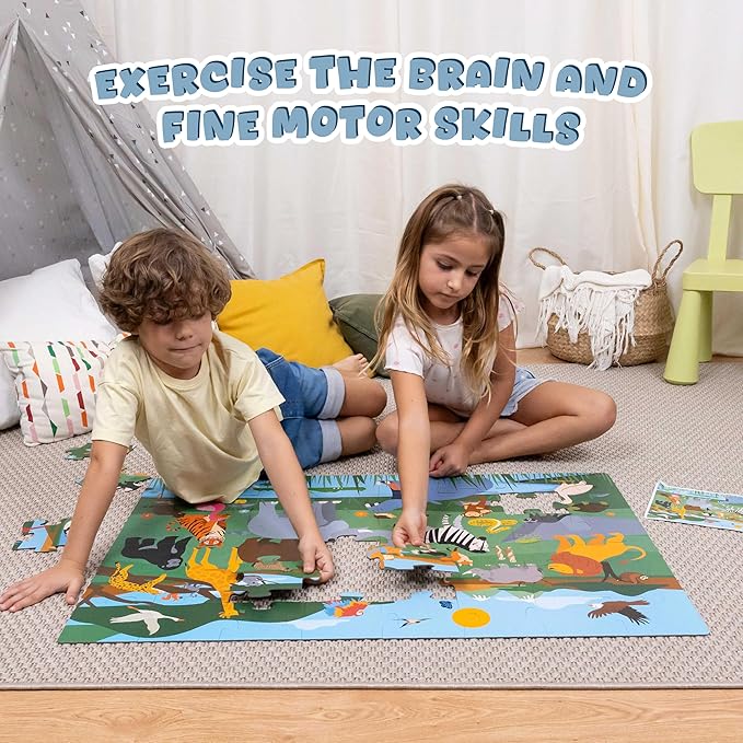BONNYCO Giant Floor Puzzles for Kids of Jungle Animals with 48 Large Pieces. Safari Jumbo Puzzle 36.2 x 24.4 in, Gifts for Boys and Girls, Educational Kids Toys Ages 2-8