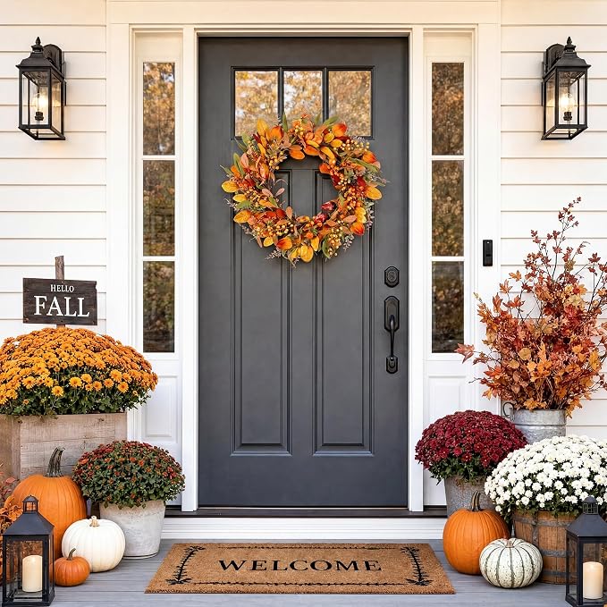 20" Fall Wreath Front Door Pumpkin Artificial Wall Decor Farmhouse Autumn Wreath Thanksgiving Home Porch Outdoor Indoor Holiday Harvest Decor