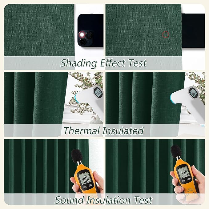 Guken Dark Green 100% Blackout Curtains 108 Inch Length 2 Panels Set for Living Room Bedroom Back Tab Thermal Insulated Black Out Linen Drapes Decor，52x108