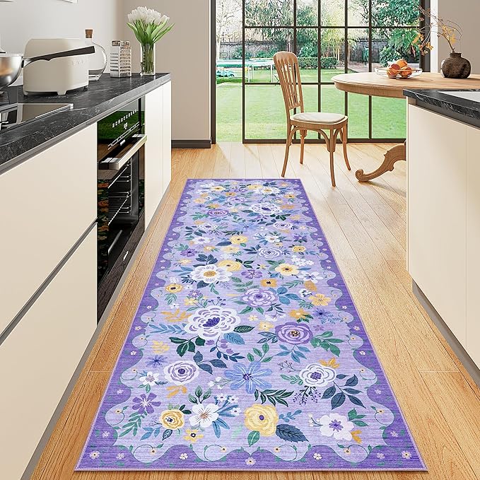 DUKINO 2x10 Runner Rug, Floral Washable Kitchen Runner Rug Non Slip, Purple | Soft, Low Pile, Stain Resistant Indoor Rug Runner for Hallway, Entryway, Bedroom, Bathroom, Laundry, Pet Friendly, Home Decor