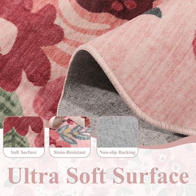 DUKINO 3x8 Kitchen Runner Rug, Soft Floral Washable Rug for Hallway, Pink | Low Pile, Stain Resistant Throw Rug Runner for Entryway, Bedroom, Bathroom, Laundry, Pet Friendly, Modern Home Decor