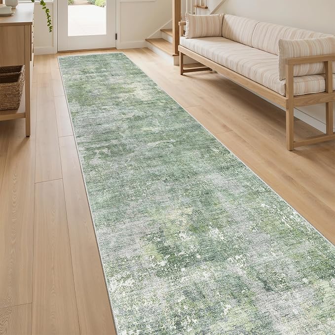 Soalmost Abstract Runner Rug 2x10 Hallway Kitchen Runners Green/Ivory | Vintage Washable Rugs for Bathroom Laundry Room, Low Pile Stain Resistant Floor Carpet Mat Entryway Corridor Bedroom