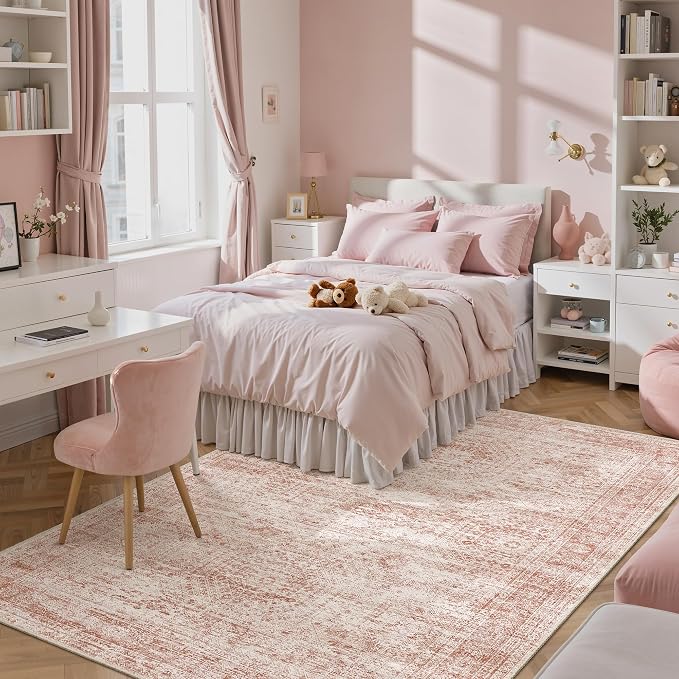 Soalmost 6x9 Area Rug for Living Room Washable Rugs Non-Slip Pink | Low-Pile Vintage Carpet for Dining Bedroom, Foldable Thin Stain Resistant Floor Mat Under Table Home Office Nursery Decor