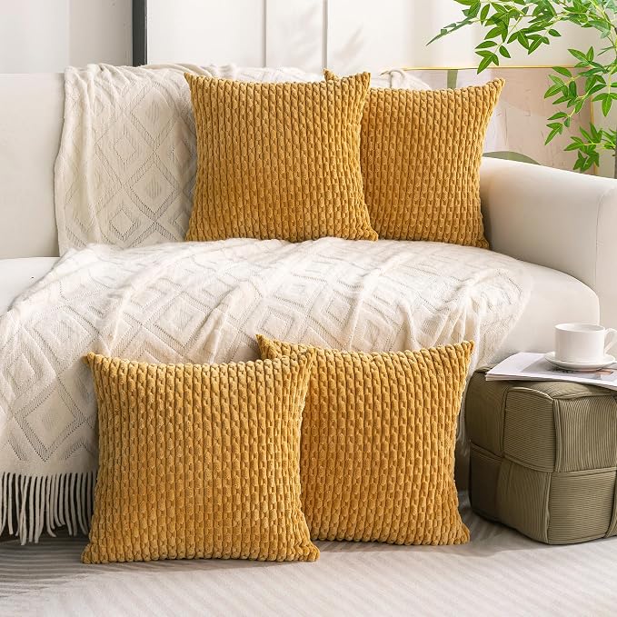 Set of 4 Mustard Yellow Decorative Throw Pillow Covers 16x16 Inch Corduroy Pillow Covers for Bed Couch Sofa Living Room Soft Square Cushion Cases