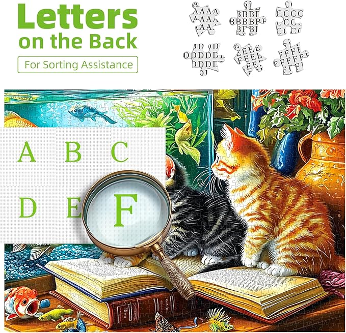 500 Piece Jigsaw Puzzles for Adults - Cats & Goldfish Aquarium Scene Colorful Kittens Book Puzzle with Letters on Back for Seniors Perfect for Game Night (23x15 Inch)