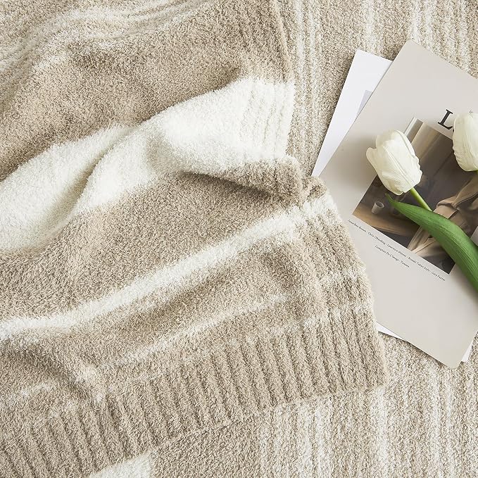 Soft Throw Blanket for Couch-Cozy Reversible Knitted Blankets | Lightweight Warm Fluffy Decor for Women, Mom, Her & Girls, Sofa, Chair, Bed, 50x70in,Khaki Stripe
