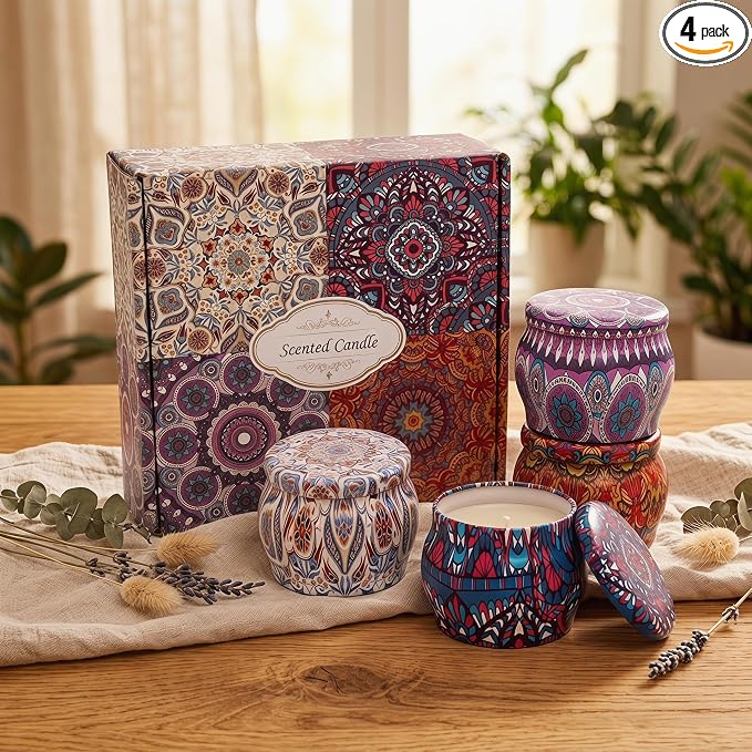 Topadorn 4 Pack Scented Candles Gift Set, Soy Wax Aromatherapy Candles in Decorative Boho Tins, Lavender Rose Vanilla Lemon Candle Gift Box for Women, Home Decor & Relaxation