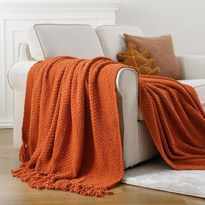 BATTILO HOME Burnt Orange Throw Blanket for Couch, 60"x80" | Knit Fall Decor Blanket Versatile for Chair, Decorative Halloween Throw Blanket with Tassels for Bed