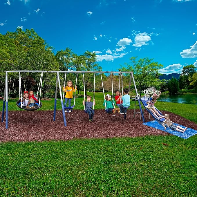 XDP Recreation Fun Always Outdoor Playground with Water Slide, Super Disc Swing, and AirGlider for 2 with Foot-Rests, for up to 8 Kids