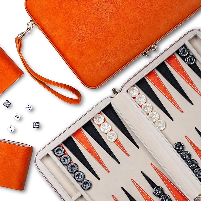 Backgammon Sets for Adults, Classic Board Game with Folding Leather Backgammon Case, Portable Travel Backgammon Game Set (Orange)