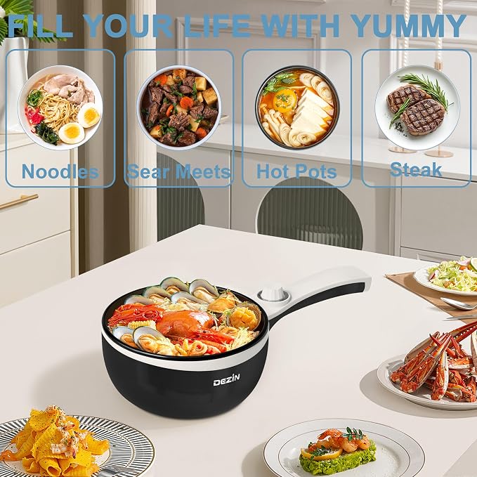 Dezin Hot Pot Electric, 1.5L Non-Stick Portable Electric Pot, Dual Power | 700W Upgraded Electric Pot for Cooking Steak, Egg, Oatmeal, Soup, Mini Ramen Cooker for Dorm, Travel, Camping, RV, Black Pan