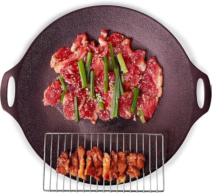TECHEF - 14-inch Nonstick Round Griddle Grill Pan for Korean BBQ/Teppanyaki Pan, Tawa, Roti Pan/Induction Ready/Made in Korea (Griddle with Rack)