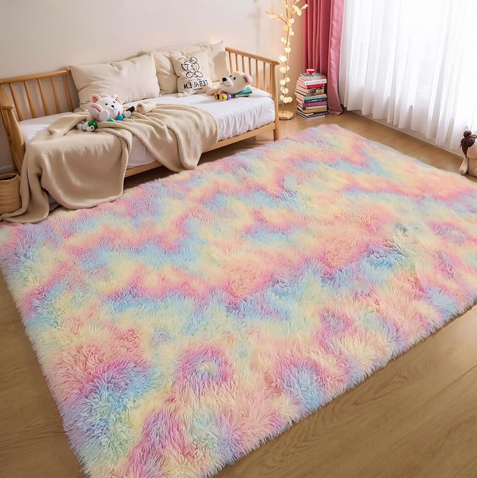Washable 4x6 Rainbow Fluffy Shag Rug for Girls Bedroom Kids Playroom | Plush Shaggy Area Rug for Nursery, Dorm Room, Non Slip Floor Carpet