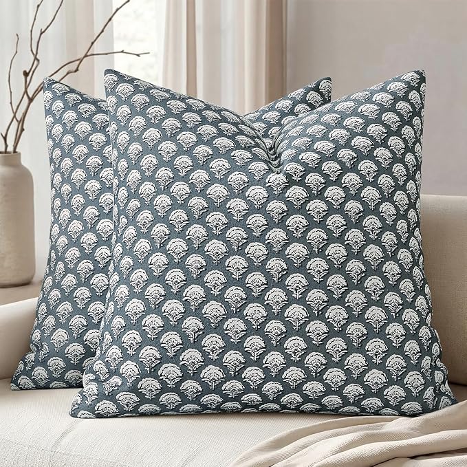 MIULEE Floral Print Decorative Pillow Covers 20x20, Dusty Blue | Vintage Boho Farmhouse Modern Home Decor, Set of 2, Block Print Cushion Covers for Couch Sofa Bed Living Room
