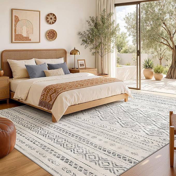 Nakagishi Area Rug Living Room Rugs: 5x7 Large Soft Machine Washable Boho Moroccan FarmNeutral Stain Resistant Indoor Floor Carpet for Bedroom Under Dining Table Home Office Decor-Grey