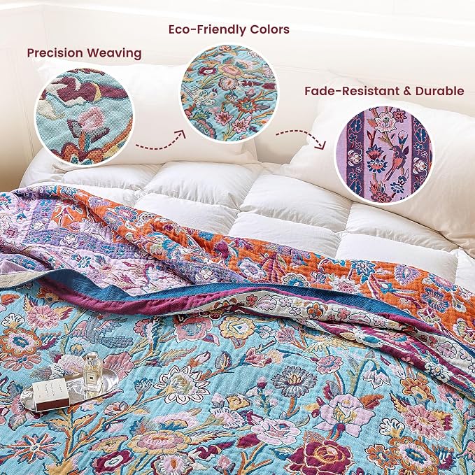 MSGKV Boho Throw Blanket 50"x60" Cotton Bird & Floral Throw for Bed & Couch | 100 Cotton Muslin, Bird & Floral Throw Blanket, Reversible Weave, Soft & Breathable, Nature Inspired Design, Machine Washable
