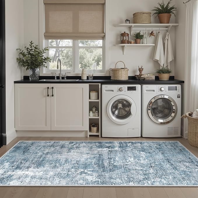 Soalmost Abstratc Runner Rug 2x5 Washable Kitchen Entry Runners Blue/Grey | Non-Slip Low-Pile Rugs for Bathroom Laundry Room, Vintage Foldable Floor Carpet Mat Hallway Entryway for Corridor Bedroom