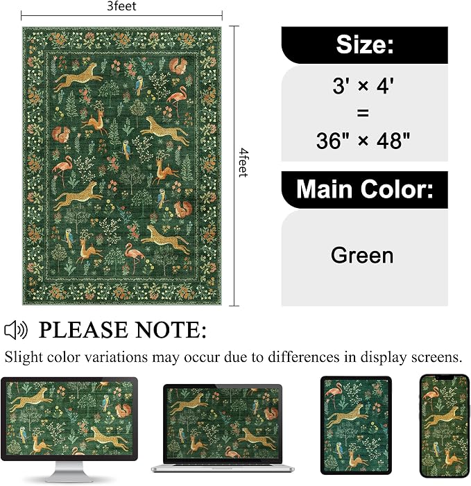 DUKINO 3x4 Rug, Washable Animal Area Rug for Entryway Non Slip, Green | Soft, Low Pile, Stain Resistant Indoor Carpet Runner for Entryway, Kitchen, Bedroom, Bathroom, Pet Friendly, Home Decor