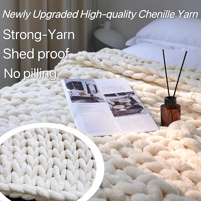 Maetoow Chenille Chunky Knit Blanket,Handmade Cozy for Home Decor,60×80,Cream