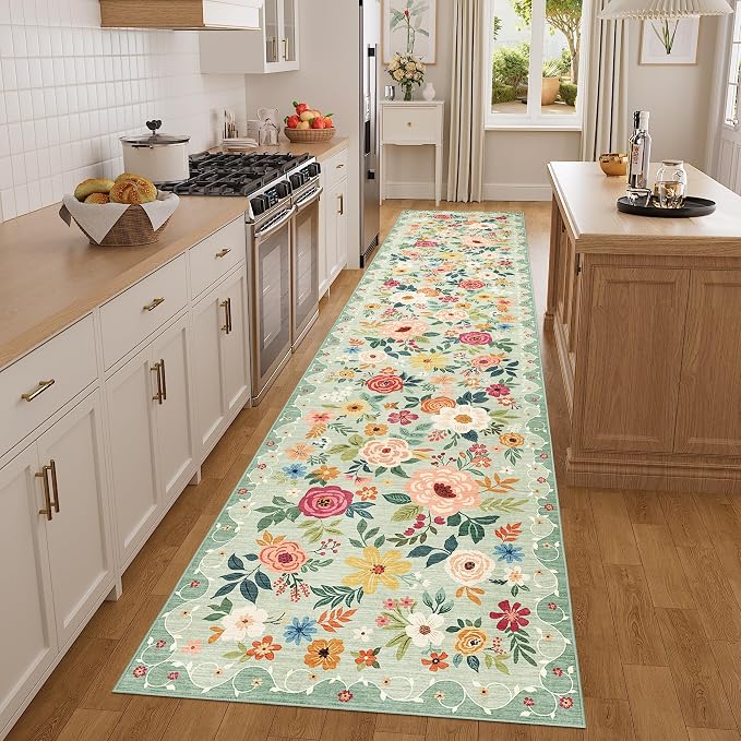 DUKINO 3x14 Washable Runner Rug, Non Slip Long Kitchen Runner Rug, Green | Soft, Low Pile, Floral Indoor Carpet Runner for Hallway, Entryway, Bedroom, Bathroom, Laundry, Pet Friendly, Home Decor