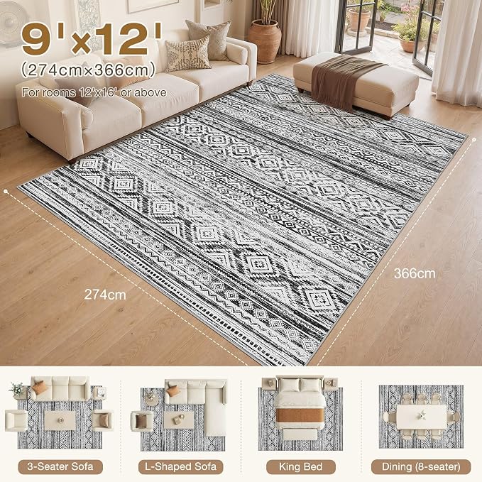 cotiled 9x12 Area Rugs Living Room Rug: Washable Boho Rugs with Non Slip Backing Large Soft Indoor Stain Resistant Carpet for Bedroom Farmhouse Dining Room Lightweight Home Decor White/Black