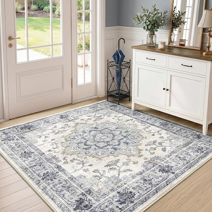 CAPALOCA Square 5ft Washable Nursery Girls Low Pile Area Rug Blue White | Non-Slip Soft Rugs for Bedroom Kids Playroom Living Room, Print Pattern Water Repellent Carpet Indoor Decor