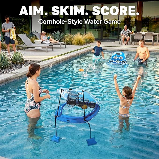 GoSports Splash Skip Floating Pool Cornhole Game – Stone Skipping Swimming Pool Game for Adults & Family – Water Cornhole Game for Pools & Lakes