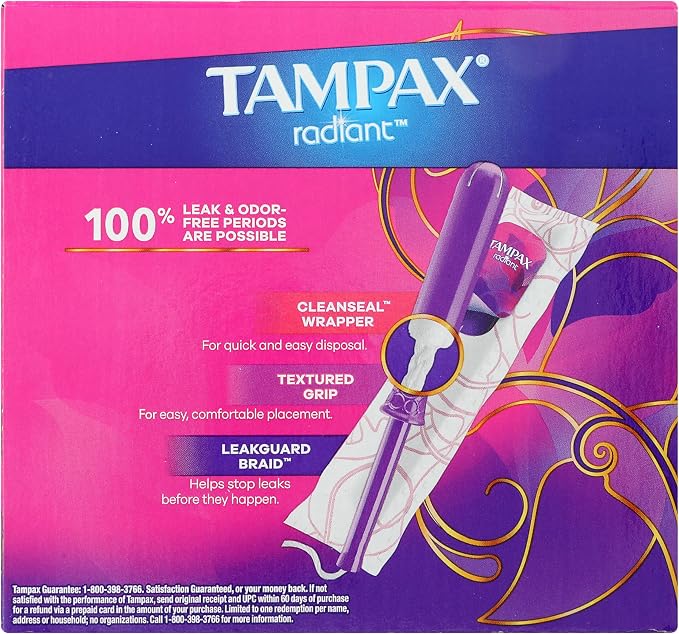 Tampax Radiant Tampons, with LeakGuard Braid, Light Absorbency, Up to 100% Leak and Odor Free Protection, Unscented, 84 Count (3 Packs of 28)
