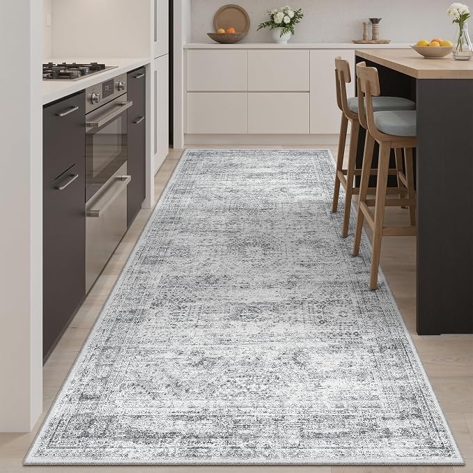 Soalmost Washable Hallway Runner Rug 4x8 Kitchen Entry Rugs Non-Slip, Grey | Vintage Wide Runners for Living Dining Room Entryway, Foldable Low-Pile Floor Carpet Mat 8ft for Corridor Foyer Bedroom