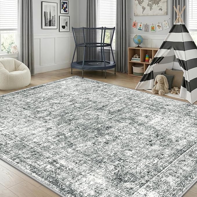CAPALOCA 5x7 Washable Nursery Girls Low Pile Area Rug Grey | Non-Slip Soft Rugs for Bedroom Kids Playroom Living Room, Print Pattern Water Repellent Carpet Indoor Decor